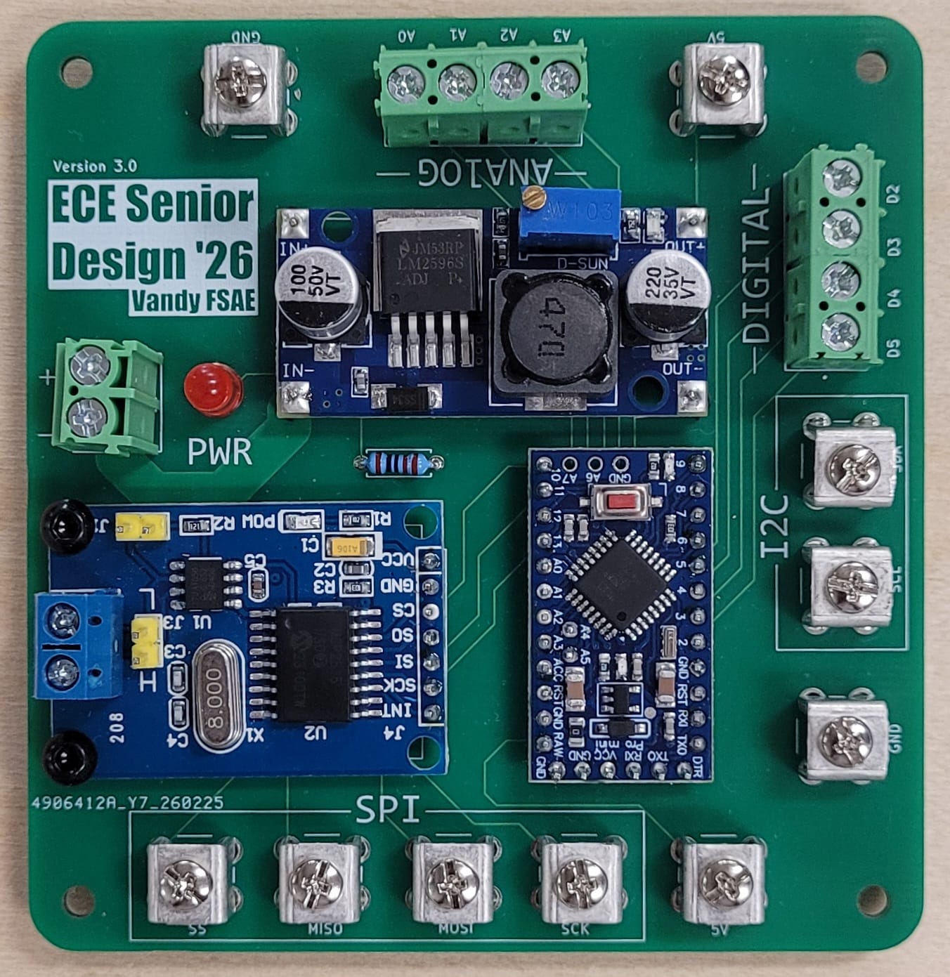 Assembled Formula SAE gateway PCB with Arduino, CAN module, buck converter, and screw terminals